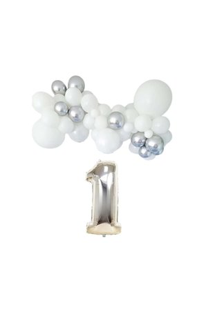Mini Zincir Balon Seti Beyaz-Krom Gümüş+1 34inç Gümüş Folyo 30 Adet +Balon Şeridi 