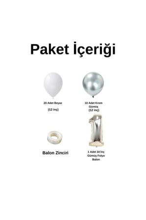 Mini Zincir Balon Seti Beyaz-Krom Gümüş+1 34inç Gümüş Folyo 30 Adet +Balon Şeridi 