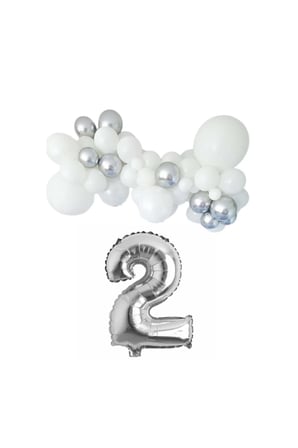 Mini Zincir Balon Seti Beyaz-Krom Gümüş+2 34inç Gümüş Folyo 30 Adet +Balon Şeridi 