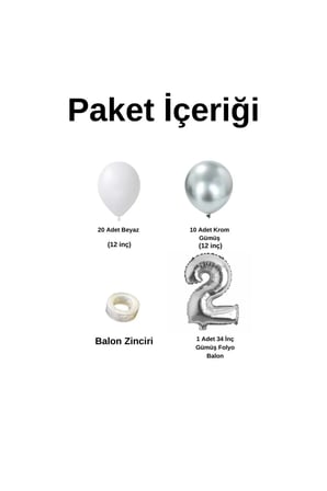 Mini Zincir Balon Seti Beyaz-Krom Gümüş+2 34inç Gümüş Folyo 30 Adet +Balon Şeridi 
