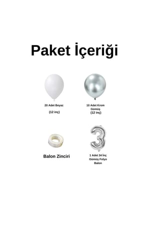 Mini Zincir Balon Seti Beyaz-Krom Gümüş+3 34inç Gümüş Folyo 30 Adet +Balon Şeridi 