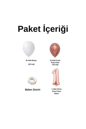 Mini Zincir Balon Seti Beyaz-Krom Rose Gold+1 34inç Rose Gold Folyo 30 Adet +Balon Şeridi 