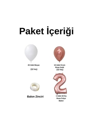 Mini Zincir Balon Seti Beyaz-Krom Rose Gold+2 34inç Rose Gold Folyo 30 Adet +Balon Şeridi 