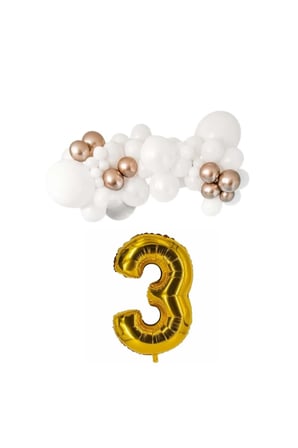 Mini Zincir Balon Seti Beyaz-Krom Rose Gold+3 34inç Gold Folyo 30 Adet +Balon Şeridi 