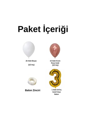 Mini Zincir Balon Seti Beyaz-Krom Rose Gold+3 34inç Gold Folyo 30 Adet +Balon Şeridi 