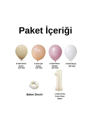 MiniZincirBalonSeti DenizKumu-ÇölKumu-R.Pembe-R.Beyaz+1 34inç Krem FolyoBalon 30Adet+BalonŞeridi