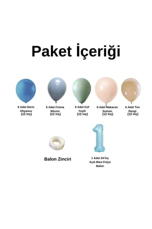 ZincirSeti D.Okyanus-FırtınaMavi-Küfyeşil-M.Somon-Ten+1 34inç A.Mavi FolyoBalon 30Adet+BalonŞeridi