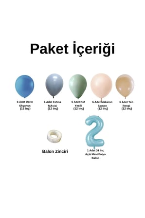 ZincirSeti D.Okyanus-FırtınaMavi-Küfyeşil-M.Somon-Ten+2 34inç A.Mavi FolyoBalon 30Adet+BalonŞeridi
