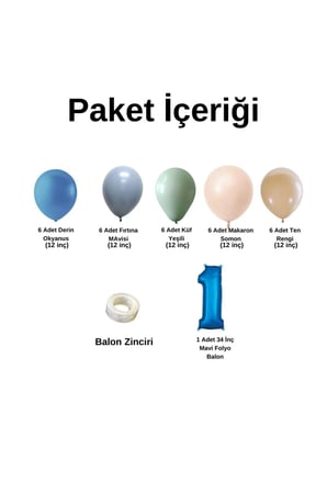 ZincirSeti D.Okyanus-FırtınaMavi-Küfyeşil-M.Somon-Ten+1 34inç Mavi FolyoBalon 30Adet+BalonŞeridi