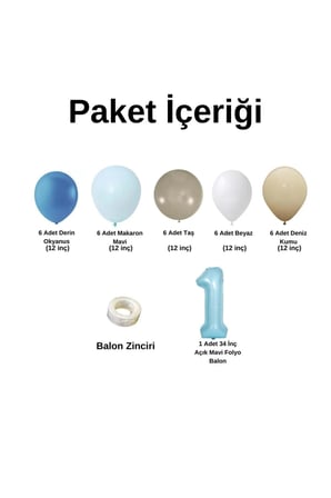 ZincirSeti DerinOkyanus-M.Mavi-Taş-Beyaz-DenizKumu+1 34inç A.Mavi FolyoBalon 30Adet+BalonŞeridi