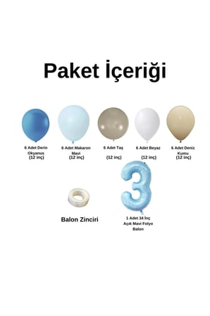 ZincirSeti DerinOkyanus-M.Mavi-Taş-Beyaz-DenizKumu+3 34inç A.Mavi FolyoBalon 30Adet+BalonŞeridi