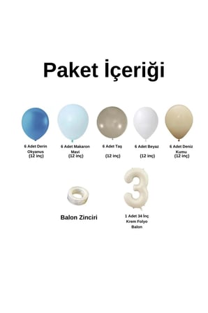 ZincirSeti DerinOkyanus-M.Mavi-Taş-Beyaz-DenizKumu+3 34inç Krem FolyoBalon 30Adet+BalonŞeridi