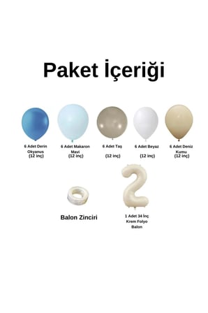 ZincirSeti DerinOkyanus-M.Mavi-Taş-Beyaz-DenizKumu+2 34inç Krem FolyoBalon 30Adet+BalonŞeridi