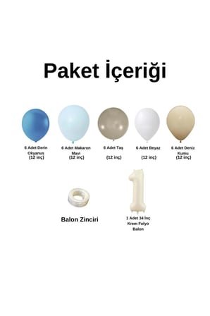 ZincirSeti DerinOkyanus-M.Mavi-Taş-Beyaz-DenizKumu+1 34inç Krem FolyoBalon 30Adet+BalonŞeridi