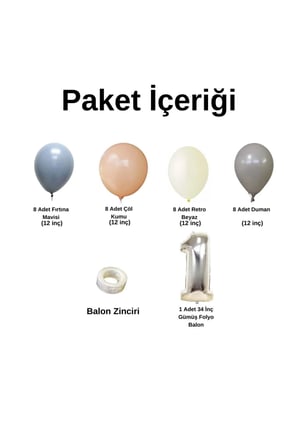 MiniZincirBalonSeti FırtınaMavisi-Duman-ÇölKumu-R.Beyaz+1 34inç GümüşFolyoBalon 30Adet+BalonŞerid