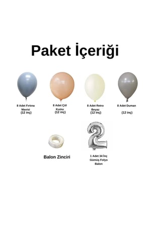 MiniZincirBalonSeti FırtınaMavisi-Duman-ÇölKumu-R.Beyaz+2 34inç GümüşFolyoBalon 30Adet+BalonŞerid