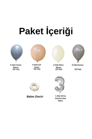 MiniZincirBalonSeti FırtınaMavisi-Duman-ÇölKumu-R.Beyaz+3 34inç GümüşFolyoBalon 30Adet+BalonŞerid