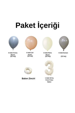 MiniZincirBalonSeti FırtınaMavisi-Duman-ÇölKumu-R.Beyaz+3 34inç KremFolyoBalon 30Adet+BalonŞerid