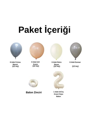 MiniZincirBalonSeti FırtınaMavisi-Duman-ÇölKumu-R.Beyaz+2 34inç KremFolyoBalon 30Adet+BalonŞerid