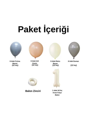 MiniZincirBalonSeti FırtınaMavisi-Duman-ÇölKumu-R.Beyaz+1 34inç KremFolyoBalon 30Adet+BalonŞerid