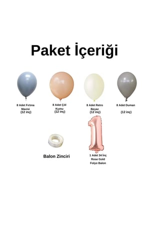 MiniZincirBalonSeti FırtınaMavisi-Duman-ÇölKumu-R.Beyaz+1 34inç RoseFolyoBalon 30Adet+BalonŞerid