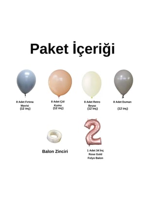 MiniZincirBalonSeti FırtınaMavisi-Duman-ÇölKumu-R.Beyaz+2 34inç RoseFolyoBalon 30Adet+BalonŞerid