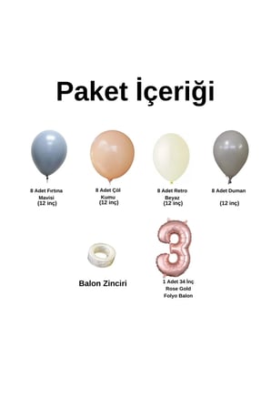 MiniZincirBalonSeti FırtınaMavisi-Duman-ÇölKumu-R.Beyaz+3 34inç RoseFolyoBalon 30Adet+BalonŞerid