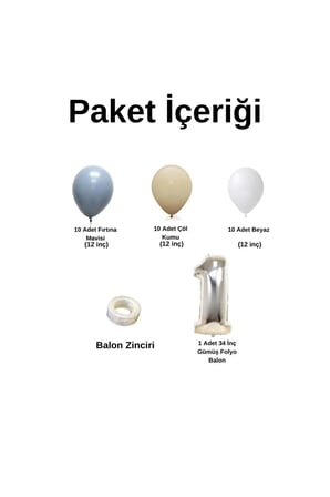 MiniZincirBalonSeti FırtınaMavisi-ÇölKumu-Beyaz+1 34 inç GümüşFolyoBalon 30Adet+BalonŞeridi 