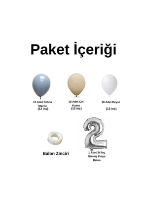 MiniZincirBalonSeti FırtınaMavisi-ÇölKumu-Beyaz+2 34inçGümüşFolyoBalon 30Adet+BalonŞeridi 