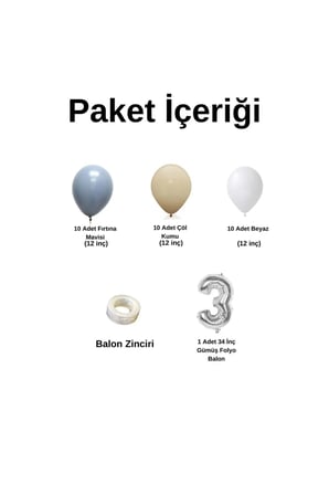MiniZincirBalonSeti FırtınaMavisi-ÇölKumu-Beyaz+3 34inçGümüşFolyoBalon 30Adet+BalonŞeridi 