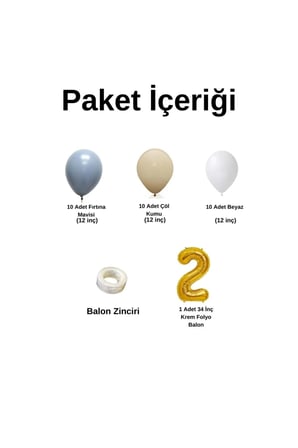 Mini Zincir Balon Seti Fırtına Mavisi-Çöl Kumu-Beyaz+2 34 inç Gold Folyo Balon 30 Adet +Balon Şeridi 