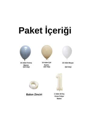 Mini Zincir Balon Seti Fırtına Mavisi-Çöl Kumu-Beyaz+1 34 inç Krem Folyo Balon 30 Adet +Balon Şeridi 