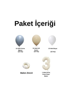 Mini Zincir Balon Seti Fırtına Mavisi-Çöl Kumu-Beyaz+3 34 inç Krem Folyo Balon 30 Adet +Balon Şeridi 
