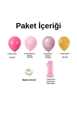 MiniZincirBalonSeti Fuşya-M.Pembe-R.Pembe-Şeftali+1 34inç A.PembeFolyoBalon 30Adet+BalonŞerid
