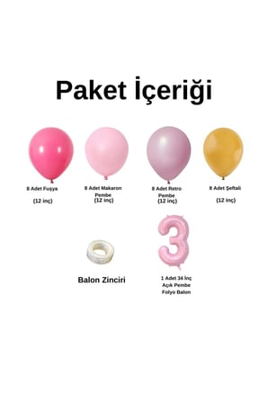 MiniZincirBalonSeti Fuşya-M.Pembe-R.Pembe-Şeftali+3 34inç A.PembeFolyoBalon 30Adet+BalonŞerid