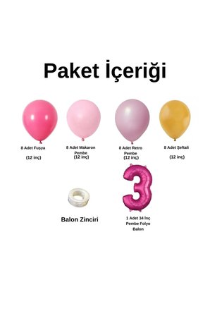 MiniZincirBalonSeti Fuşya-M.Pembe-R.Pembe-Şeftali+3 34inç PembeFolyoBalon 30Adet+BalonŞerid