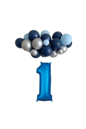 Mini Zincir Balon Seti Gece Mavisi-Krom Gümüş-Açık Mavi+1 34inç Mavi Folyo  30 Adet +Balon Şeridi 