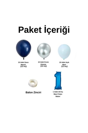 Mini Zincir Balon Seti Gece Mavisi-Krom Gümüş-Açık Mavi+1 34inç Mavi Folyo  30 Adet +Balon Şeridi 