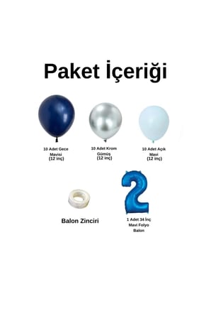 Mini Zincir Balon Seti Gece Mavisi-Krom Gümüş-Açık Mavi+2 34inç Mavi Folyo  30 Adet +Balon Şeridi 