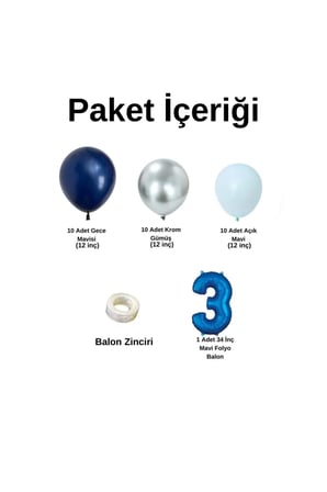 Mini Zincir Balon Seti Gece Mavisi-Krom Gümüş-Açık Mavi+3 34inç Mavi Folyo  30 Adet +Balon Şeridi 