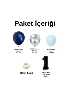 Mini Zincir Balon Seti Gece Mavisi-Krom Gümüş-Açık Mavi+1 34inç Siyah Folyo  30 Adet +Balon Şeridi 