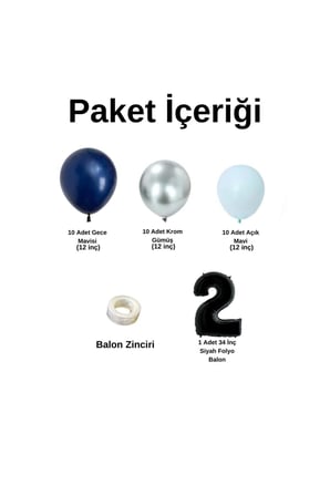Mini Zincir Balon Seti Gece Mavisi-Krom Gümüş-Açık Mavi+2 34inç Siyah Folyo  30 Adet +Balon Şeridi 