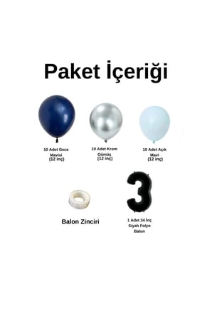 Mini Zincir Balon Seti Gece Mavisi-Krom Gümüş-Açık Mavi+3 34inç Siyah Folyo  30 Adet +Balon Şeridi 