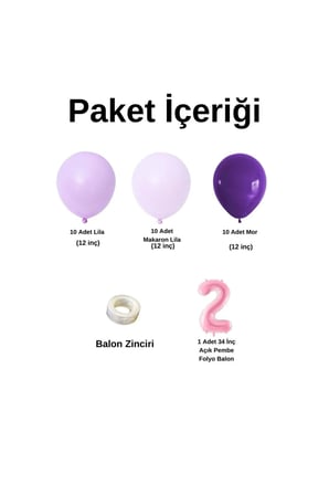 Mini Zincir Balon Seti Lila-MakaronLila-Mor+2 34 inç Açık Pembe Folyo Balon 30 Adet +Balon Şeridi 