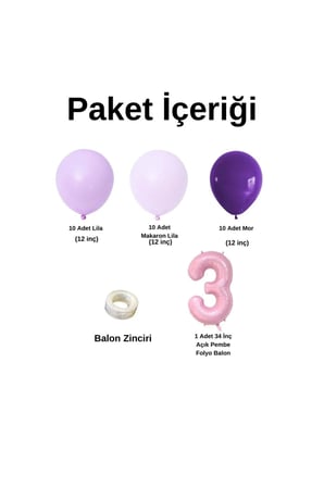 Mini Zincir Balon Seti Lila-MakaronLila-Mor+3 34 inç Açık Pembe Folyo Balon 30 Adet +Balon Şeridi 