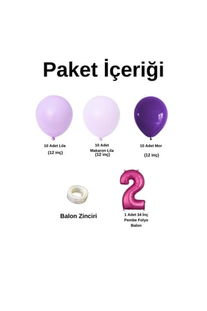 Mini Zincir Balon Seti Lila-MakaronLila-Mor+2 34 inç Pembe Folyo Balon 30 Adet +Balon Şeridi 
