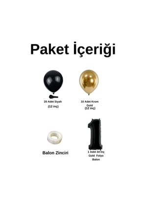 Mini Zincir Balon Seti Siyah-Krom gold+1 34inç Siyah Folyo 30 Adet +Balon Şeridi 