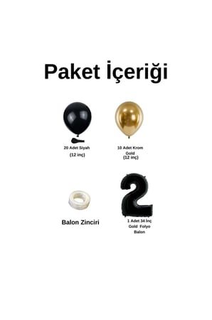 Mini Zincir Balon Seti Siyah-Krom gold+2 34inç Siyah Folyo 30 Adet +Balon Şeridi 