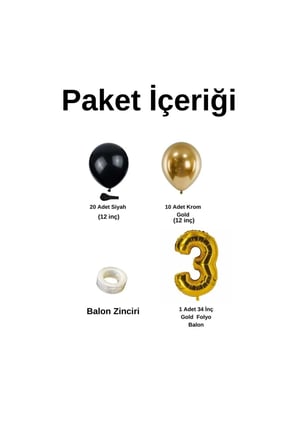 Mini Zincir Balon Seti Siyah-Krom gold+3 34inç Gold Folyo 30 Adet +Balon Şeridi 