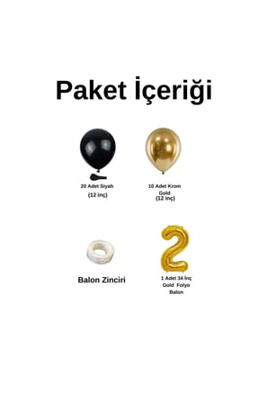 Mini Zincir Balon Seti Siyah-Krom gold+2 34inç Gold Folyo 30 Adet +Balon Şeridi 